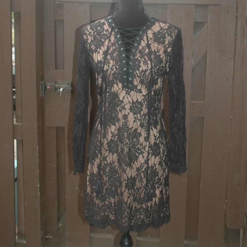 Dress Forum L Black Lace Lined Tied Neckline Bodycon Dress NEW